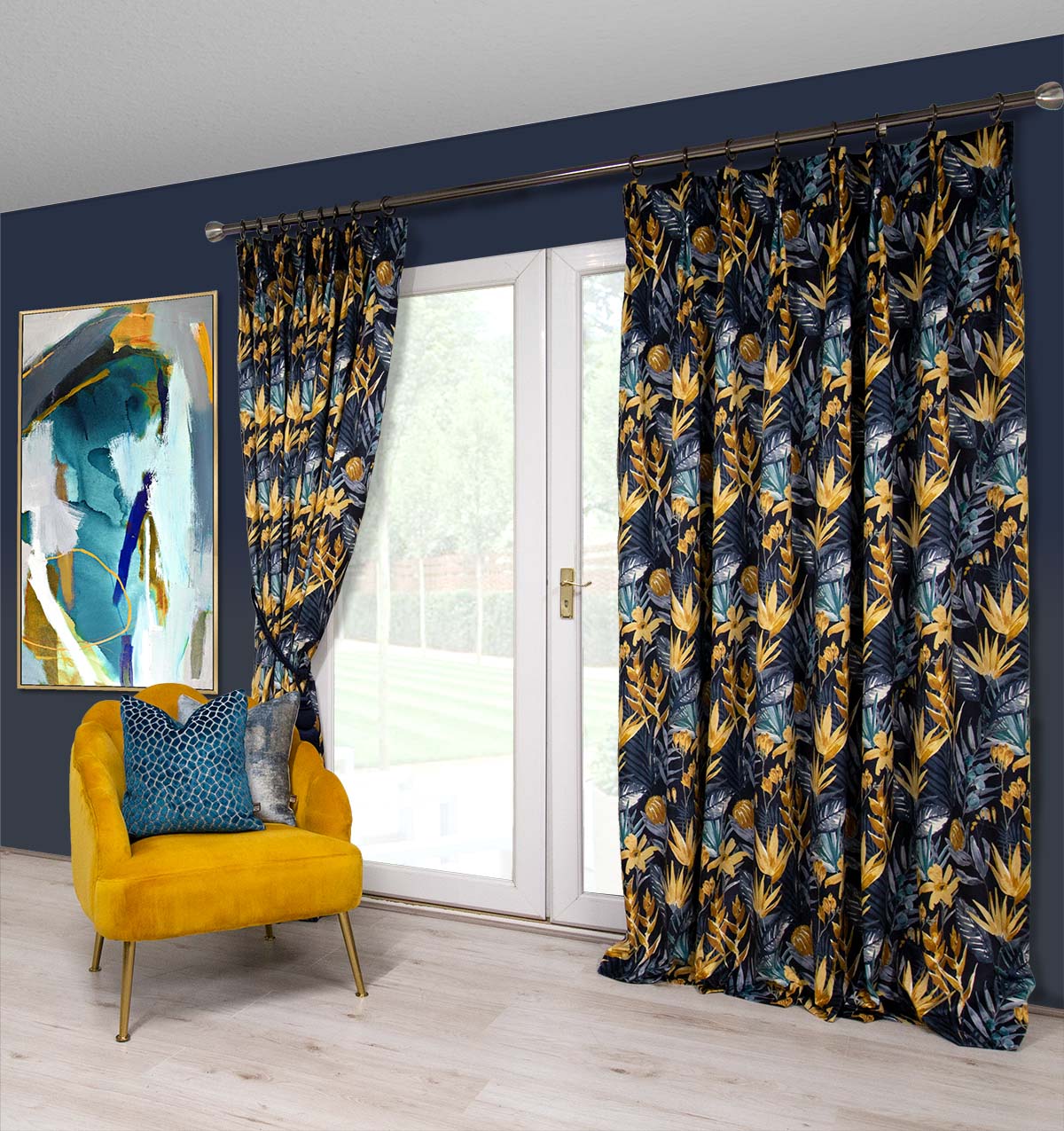 Scatter Box Tasmin Double Pinch Pleat Curtains, Blue/Ochre