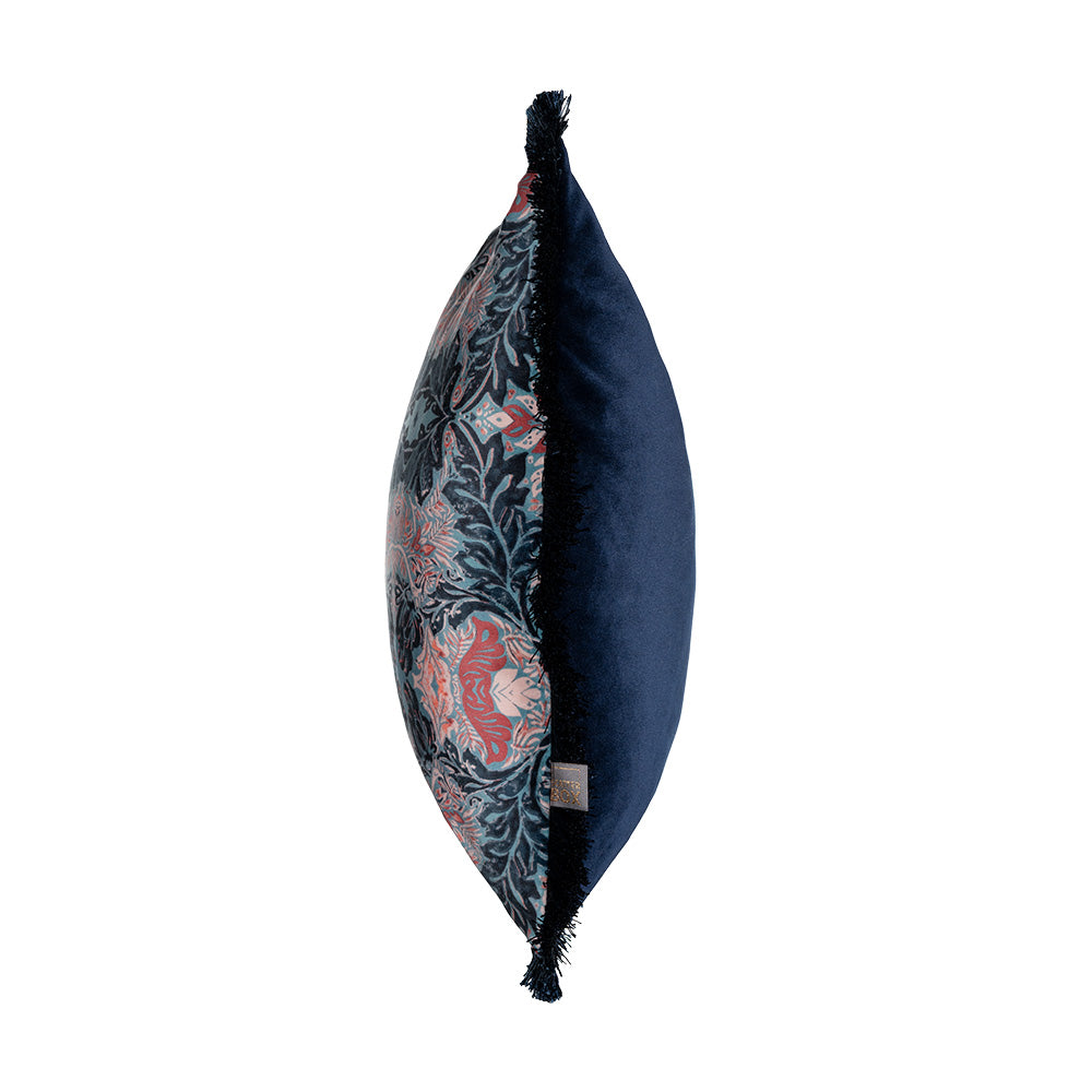 Front image of velvet cushion with fringes in blue colour by Scatter Box. 