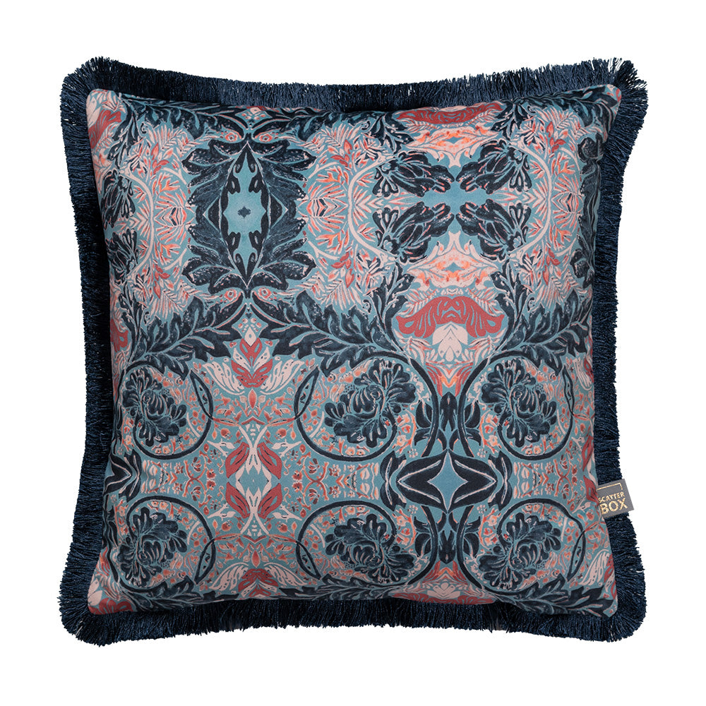 Front image of velvet cushion with fringes in blue colour by Scatter Box. 