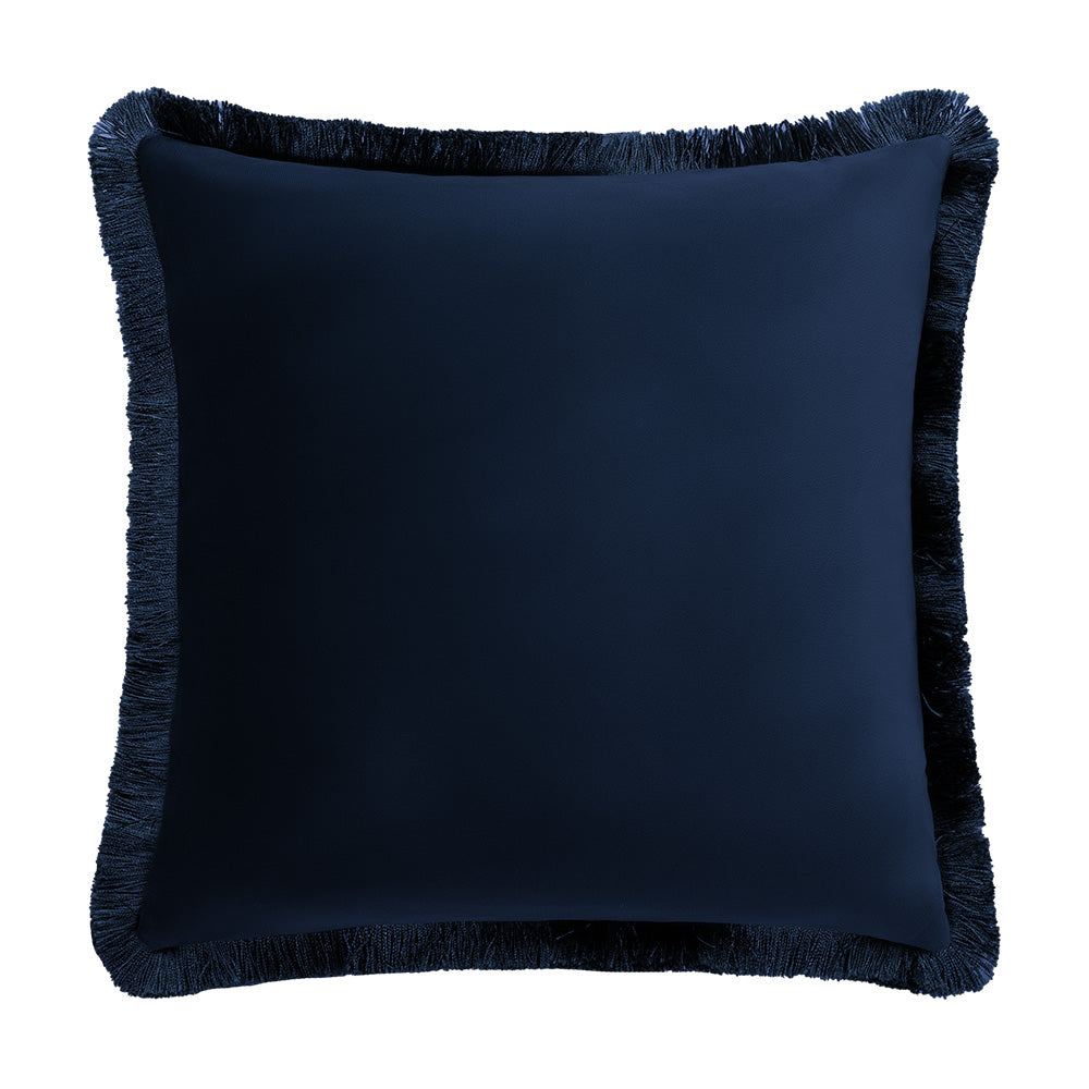 Reverse image of velvet cushion with fringes in blue colour by Scatter Box. 