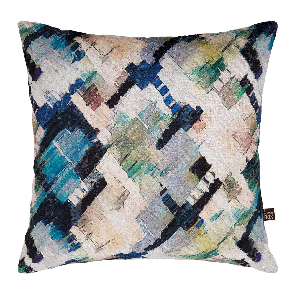 Green and blue belgian cut velvet cushion in 43cm size by Scatter Box.
