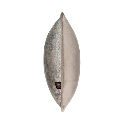 Side image of silver/mink velvet cushion in 35x50cm size. Made from Jacquard fabric by Scatter Box