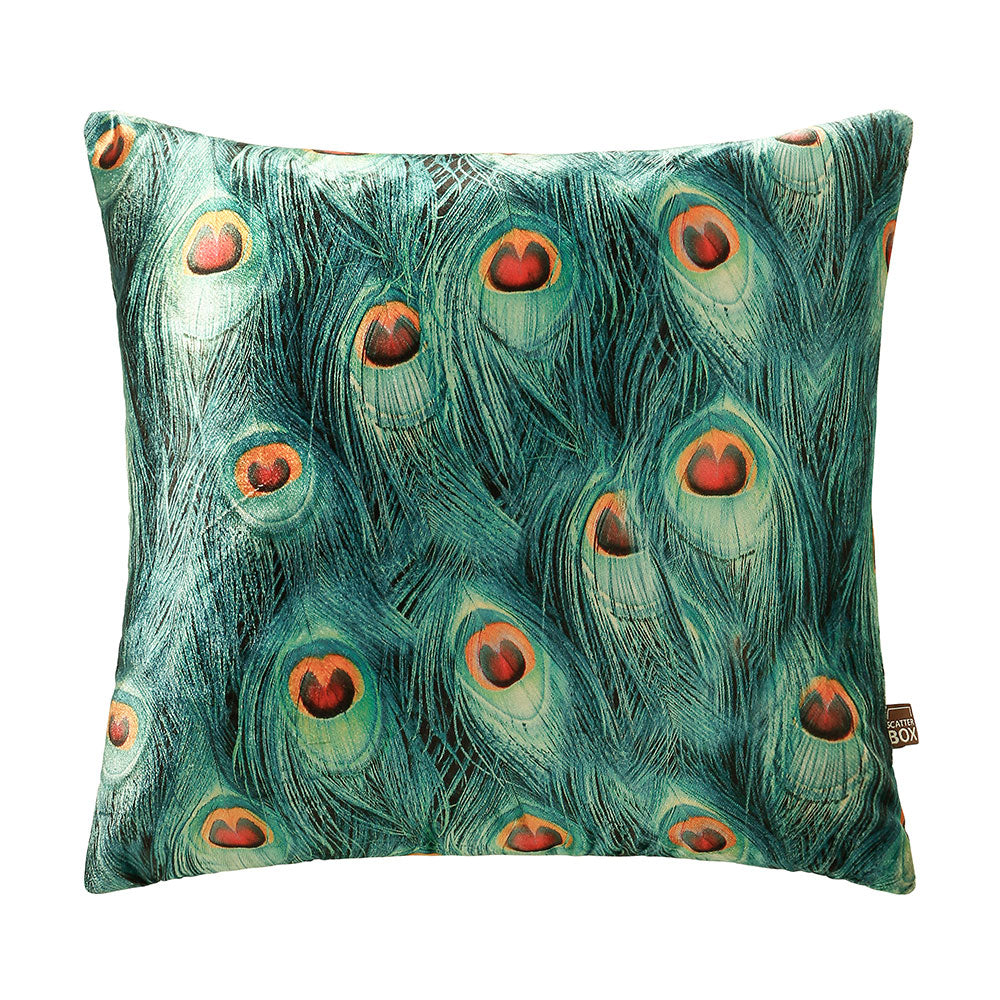 Scatter Box Cushion - Azure Teal - Teal, Orange, Red - Feather Pattern - Size 58cm x 58cm