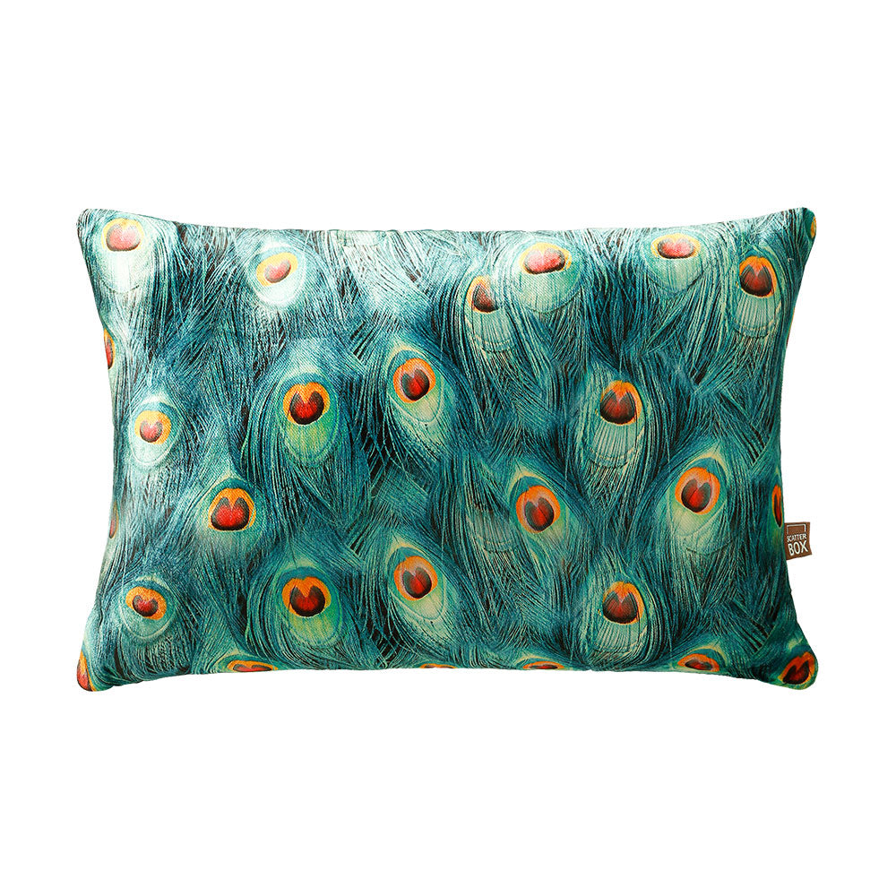 Scatter Box Cushion - Azure Teal - Teal, Orange, Red - Feather Pattern - Size 35cm x 50cm