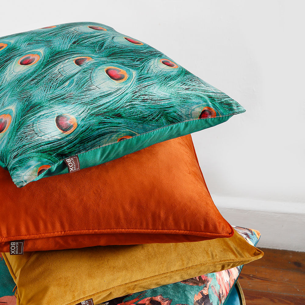 Scatter Box Cushion - Azure Teal - Teal, Orange, Red - Feather Pattern - Size 43cm x 43cm - Lifestyle Shot